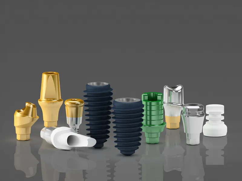 MegaGen AnyRidge implants with prosthetic abutments, official image from the manufacturer