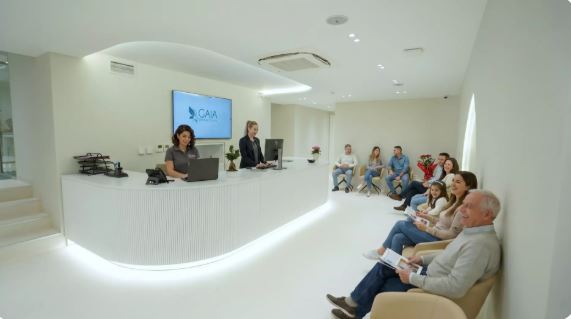 Reception and welcome areas at the Gaia Dental clinic in Tirana