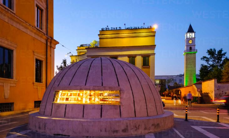 BunkArt Museum dome and Clock Tower at dusk