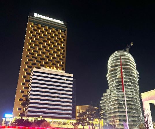 Skanderbeg Square and InterContinental Hotel at night